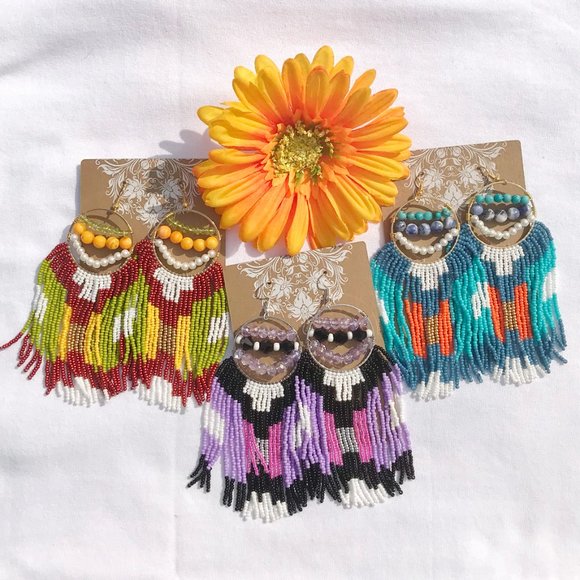 Long Hand Beaded Fringe Earrings Seed Bead Hoop Native Southwest Western Cowboy - Picture 3 of 5